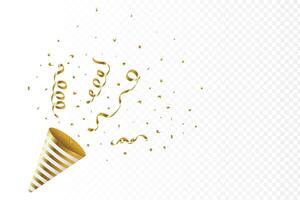 Golden color confetti and party popper on a white background. Ribbon and tinsel with party cone for festival, birthday, and anniversary celebration. Confetti popper element design with gold foil. vector