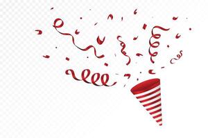Luxury red confetti cone explosion for anniversary and party celebration. Special confetti and tin foil design on a white background. Red tinsel and ribbon blast for Christmas. vector