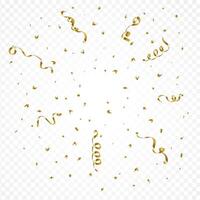 Golden confetti and party tinsel blast on a white background. Birthday, Anniversary party element for wish. Gold ribbon and confetti design with paper scrap. vector