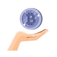 Hand holding a floating bitcoin symbol with sparkles in a minimalist design vector