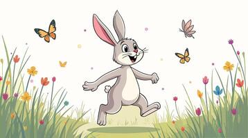 A cartoon bunny running through the grass with butterflies flying around him vector