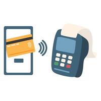 Processing of NFC payment. POS terminal with smartphone and credit card vector