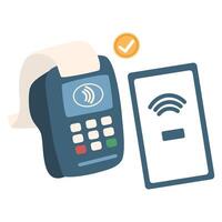 POS terminal with smartphone and credit card. Contactless payment by smartphone, near-field communication vector