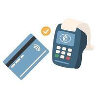 Processing of NFC payment. POS terminal with smartphone and credit or debit card vector