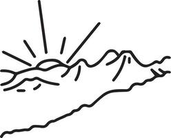 A drawing of a mountain with sun over it vector