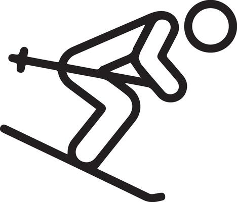 A black and white illustration of a skier going down a slope