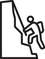 A black and white illustration of a man climbing a mountain with a rope vector
