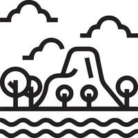 A black and white illustration of a mountain and trees with water vector