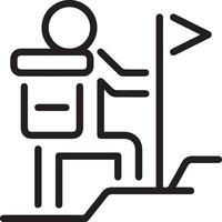 A black and white line drawing of a person with a backpack hold a flag vector