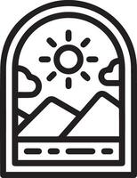 A black and white image of a window with mountains and sun vector
