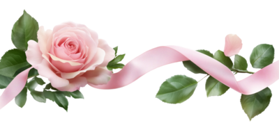 pink rose with green leaves and ribbon on transparent background png