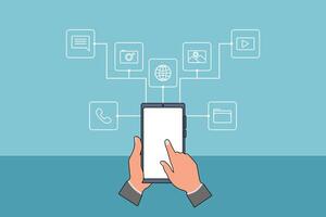 Hands Using a Tablet with Connected Digital and Media Applications vector