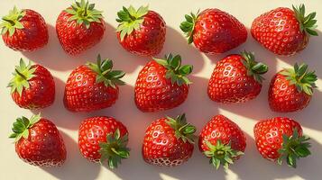 Whole strawberries neatly arranged on a table, strawberry background photo