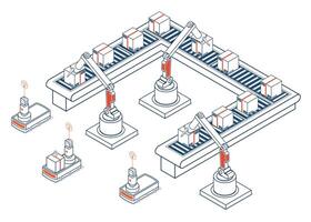 Smart factory system integrating warehouse automation, conveyors, and autonomous robots for efficient mobile order fulfillment and seamless digital-physical operations. vector