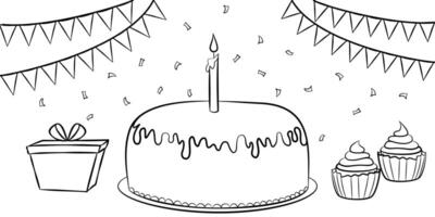 Birthday cake symbol for web printing and applications. birthday party illustration in doodle style hand-drawn isolated on the white background. vector