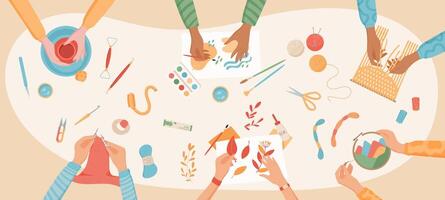Flat children handmade hobby collection, colorful handcraft knitting and pottery art class background, cartoon hands make handicraft craftwork group illustration, creative DIY workshop banner. vector