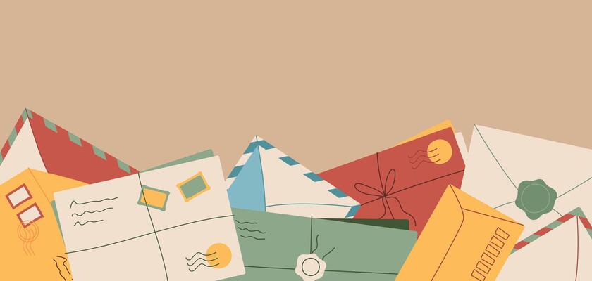 Trendy paper letter background illustration, creative style handwritten postcard template, cartoon craft post card , flat handmade envelope with correspondence and invitation design.