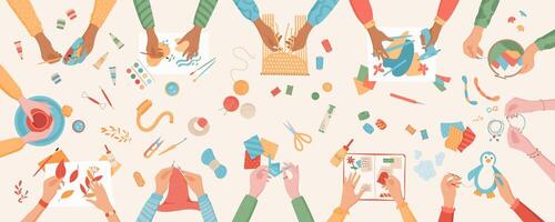 Creative handcraft art class concept background, top view colorful hands create handmade knitting craftwork, children handicraft origami activity illustration, DIY workshop hobby banner, vector