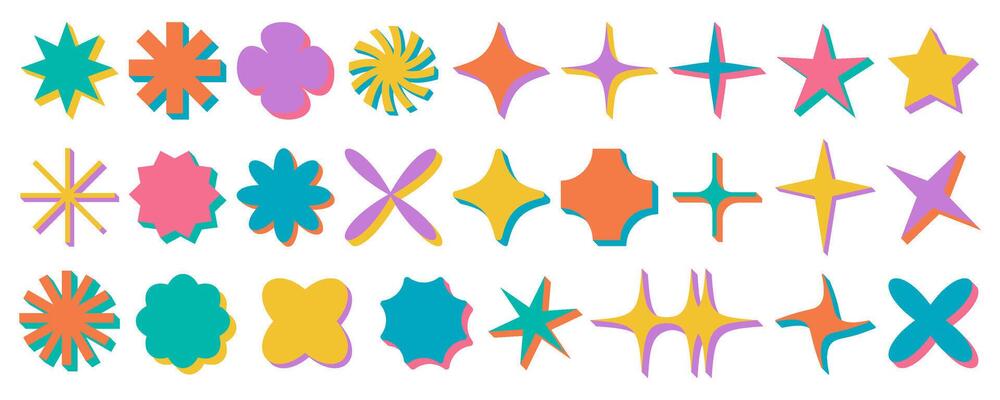 Modern retro y2k star element collection, abstract simple cartoon silhouette form for poster or banner graphic, basic decorative brutalism flower figure set, vintage trendy groovy symbol ,