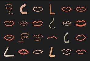 Trendy boho asymmetric eye and nose symbol set, doodle geometric amorphous face shape art, cute abstract random lips silhouette, modern organic minimal form collection, flat liquid element graphic, vector