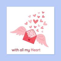 Valentin heart love greeting cartoon. Flat style envelope with heart and message for postcard. Ideal for social media post or valentin greeting card on romantic occasions, expressing heartfelt vector