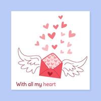 Valentine heart love postcard in doodle style. Envelope greeting with romantic valentine message. Ideal for social media posts, flat design captures essence of love and connection, perfect for vector