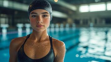 Girl in a pool cap and swimsuit standing in the pool photo