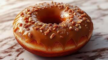 A freshly made donut with caramel glaze and nuts rests on the countertop photo