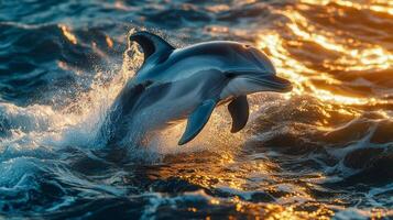 The dolphin breaks with a dash to the ocean surface, its body completely out of the water photo