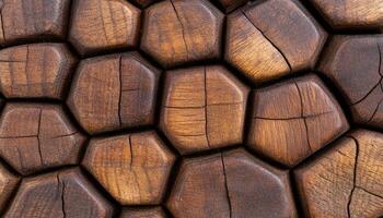 Close view of a wooden surface showing intricate hexagonal shapes and natural cracks photo