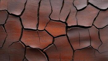 Close-up view of cracked brown wood revealing intricate textures and patterns photo