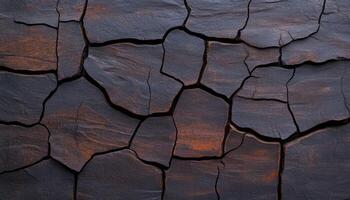 Cracked black wood shows intricate textures and patterns formed over time in sunlight photo