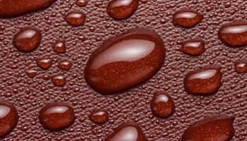 Water droplets rest on a brown surface, highlighting their glossy texture and reflections photo