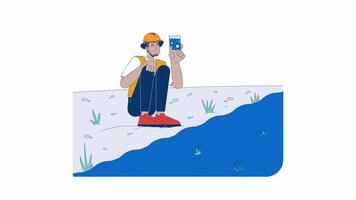 Field worker testing river water quality cartoon animation. Fieldwork 4K motion graphic. Environmental scientist water contamination sample animated 2D character isolated on white background video