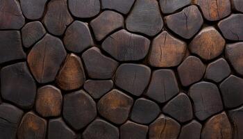Textured wooden stones create an intricate pattern on a surface, showcasing their dark tones photo