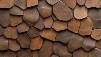Textured wall featuring overlapping natural stones in varying sizes and warm brown hues photo