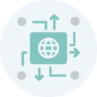 Minimalist icon design, global connectivity, teal and light blue color scheme, circular composition, directional arrows vector