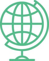 Globe icon, minimalist design, green outline, world map, spherical grid, stand base, international symbol, vector