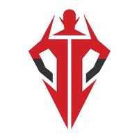 Stylized red devil logo, minimalist design, sharp angular shapes, symmetrical composition, black and red color scheme vector
