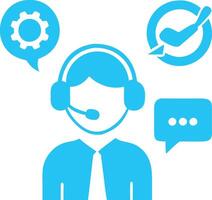 Customer service icon, headset operator, blue and white illustration, chat bubble, settings gear, checkmark symbol vector