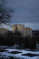 View of the panel house from the high in the evening. Minsk from a height photo