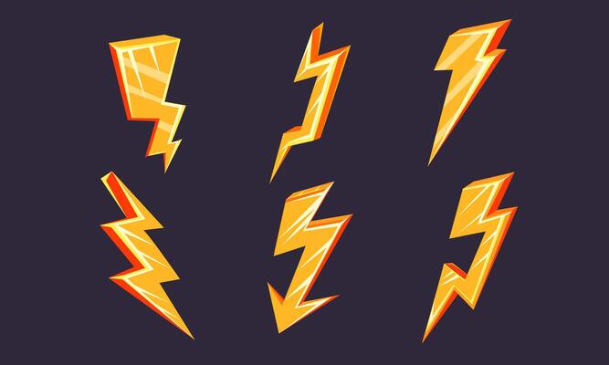 Lightning Bolt Symbols Set, Bright Yellow Thunderbolts Icons Illustration