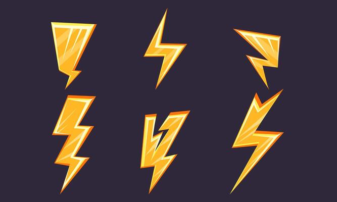 Lightning Bolt Set, Bright Yellow Thunderbolts Icons Illustration