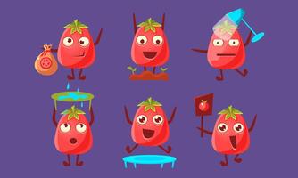 Ripe Tomato Characters with Funny Faces Set, Cute Vegetable in Different Poses and Various Emotions Illustration, vector