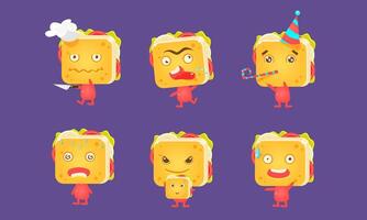 Sandwiches Set, Food Characters with Funny Faces and Different Emotions Illustration vector