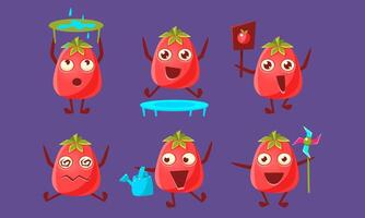 Tomato Characters with Funny Faces Set, Cute Vegetable in Different Poses and Various Emotions Illustration vector