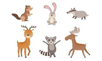 Cute Wild Forest Animals Set, Gopher, Hare, Raccoon, Deer, Elk Badger Illustration vector