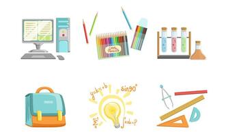 School Supplies Set, Computer, Crayons, Test Tubes, Ruler, Compass Tool, Triangle, Protractor, Briefcase, Back to School Concept Illustration vector