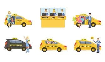 Taxi Service Set, Taxi Driver in Yellow Car and Passengers, Customers Catching Cab, Call Operator Support Service Illustration vector
