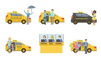 Taxi Service Set, Taxi Driver in Yellow Car and Passengers, Customers Catching Cab, Call Operator Support Service, Mobile Assistance Illustration vector